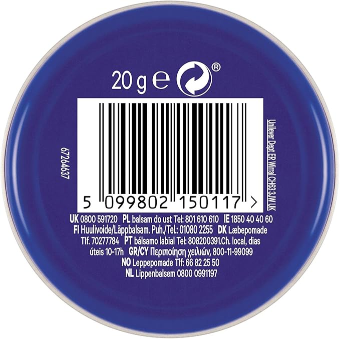 Blue container lid with a barcode and text on a white background