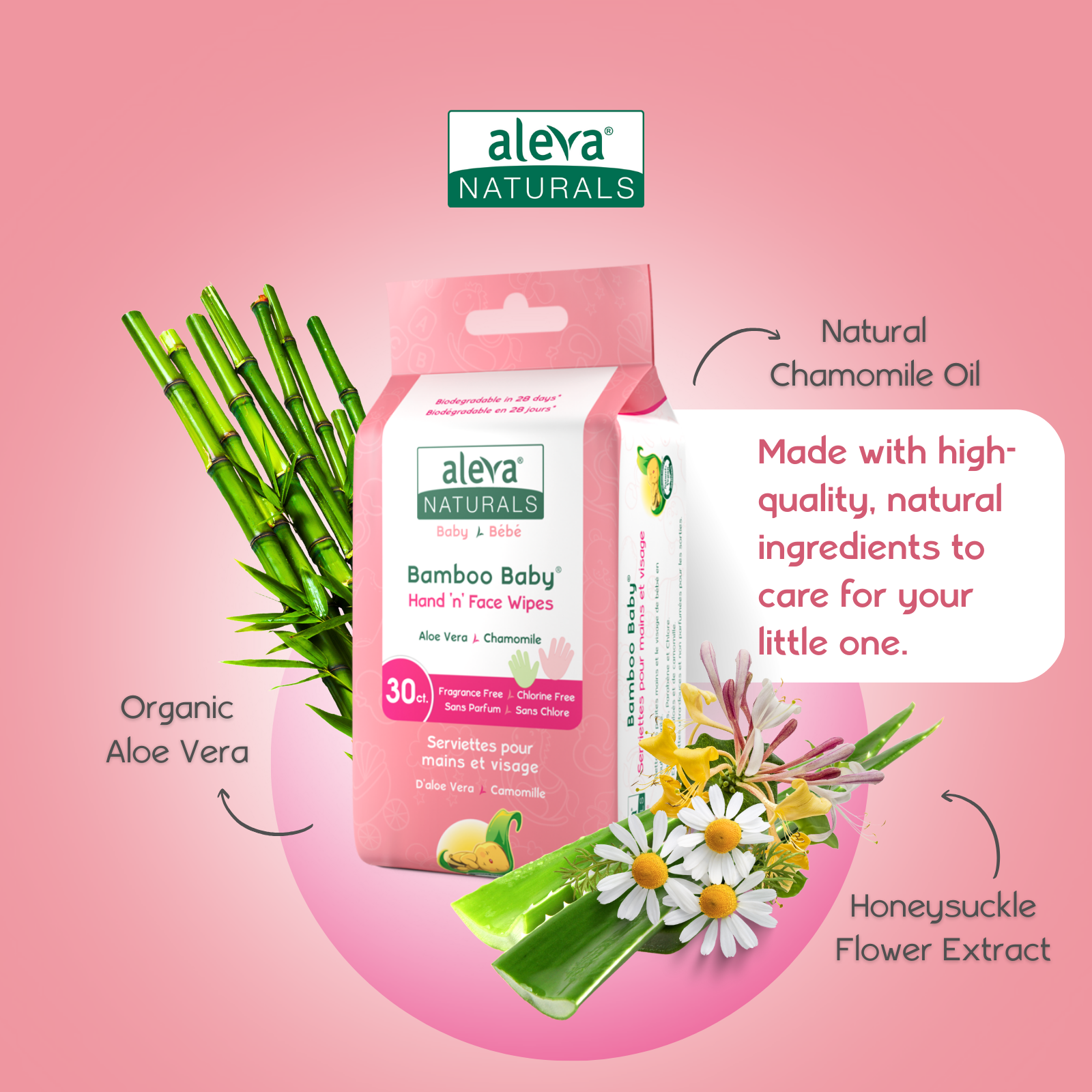 Aleva Naturals Bamboo Baby wipes packaging with natural ingredients on a pink background