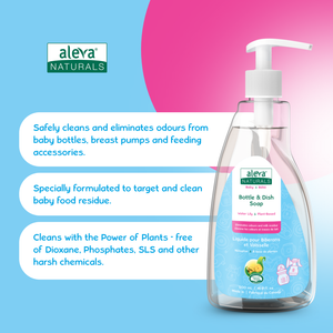 Aleva Naturals bottle and dish soap with product features on a blue and pink background