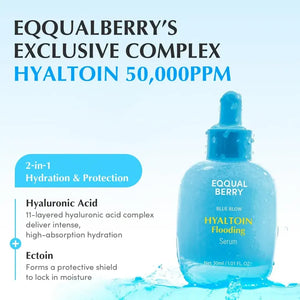 Blue dropper bottle of hydrating serum with hyaluronic acid and ectoin, labeled Hyaltoin Flooding Serum.