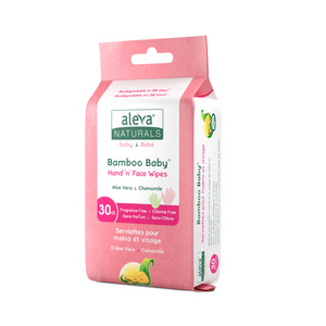 Aleva Naturals bamboo baby hand and face wipes packaging on a white background