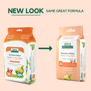 Comparison of a new and old packaging design for Aleva Naturals Bamboo Baby wipes on a beige background.