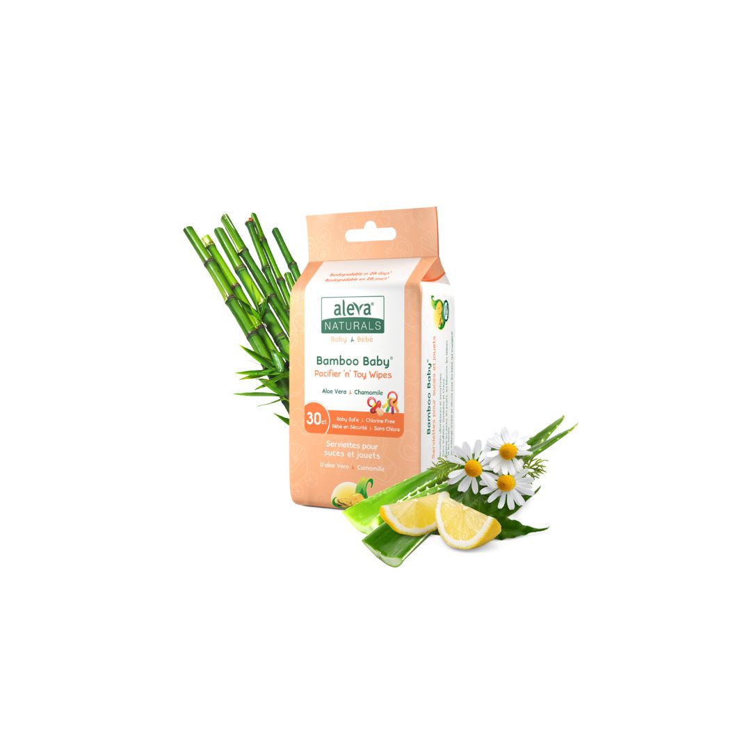 Aleva Naturals Bamboo Baby Wipes packaging with bamboo stalks, lemons, and flowers on a white background