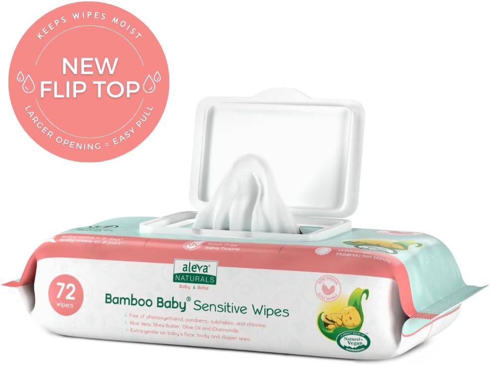 Aleva Naturals Bamboo Baby Sensitive Wipes packaging with a flip top feature on a white background.