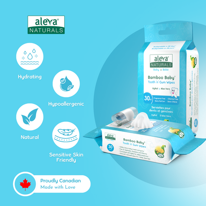 Aleva Naturals bamboo baby wipes packaging on a blue background with product features listed.