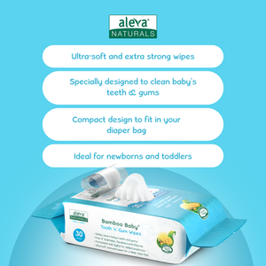 Aleva Naturals bamboo baby wipes packaging with product features on a blue background