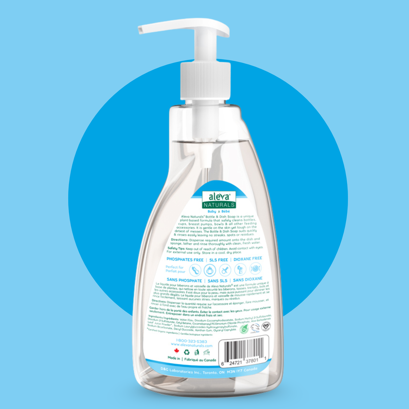 Clear hand soap bottle with pump on a blue background