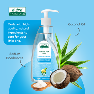 Bottle of aleva Naturals soap with coconut and aloe vera on a blue background