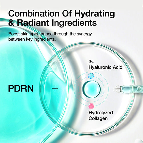 Skincare product with PDRN, hyaluronic acid, and hydrolyzed collagen on a white background