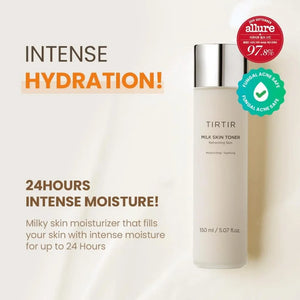 TIRTIR milk skin toner bottle with hydration benefits text on a white background