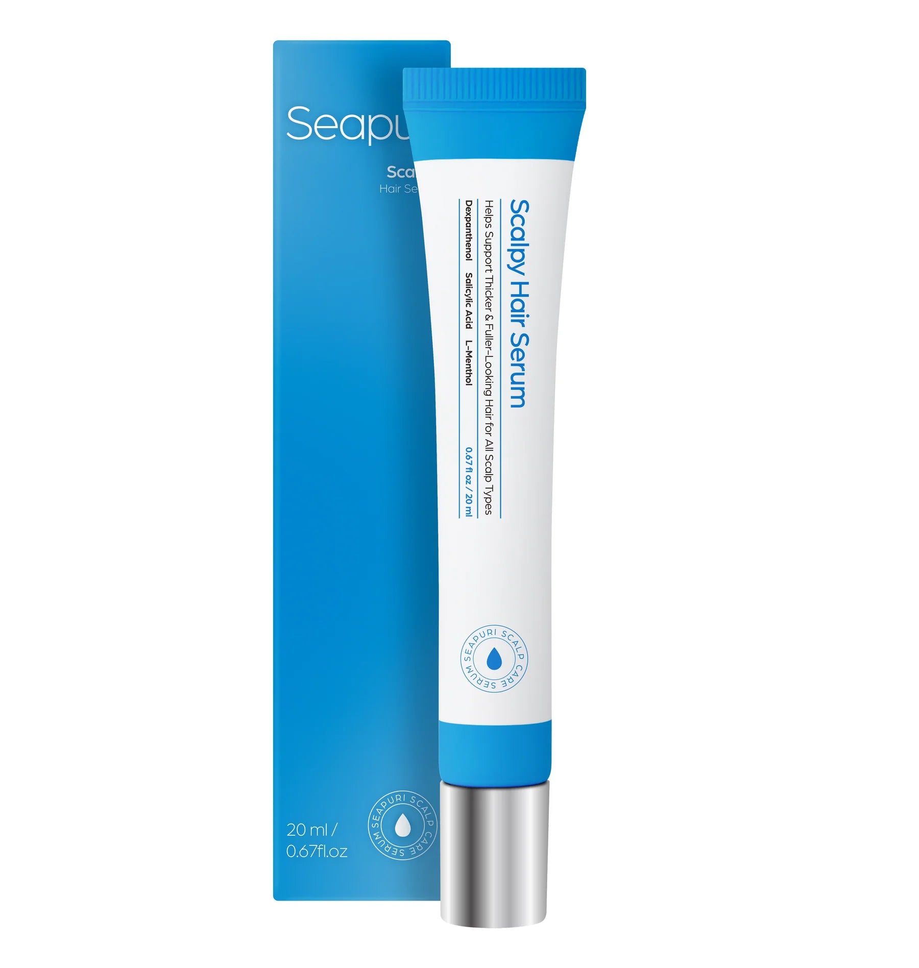 Seapus Scalply Hair Serum tube with blue packaging on a white background