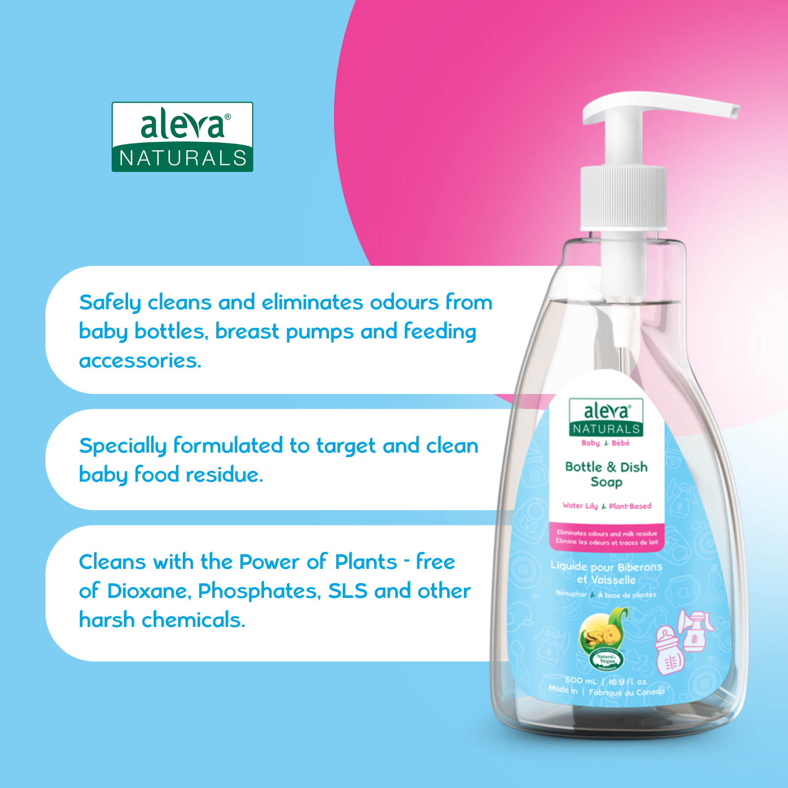 Aleva Naturals bottle and dish soap with product features on a blue and pink background