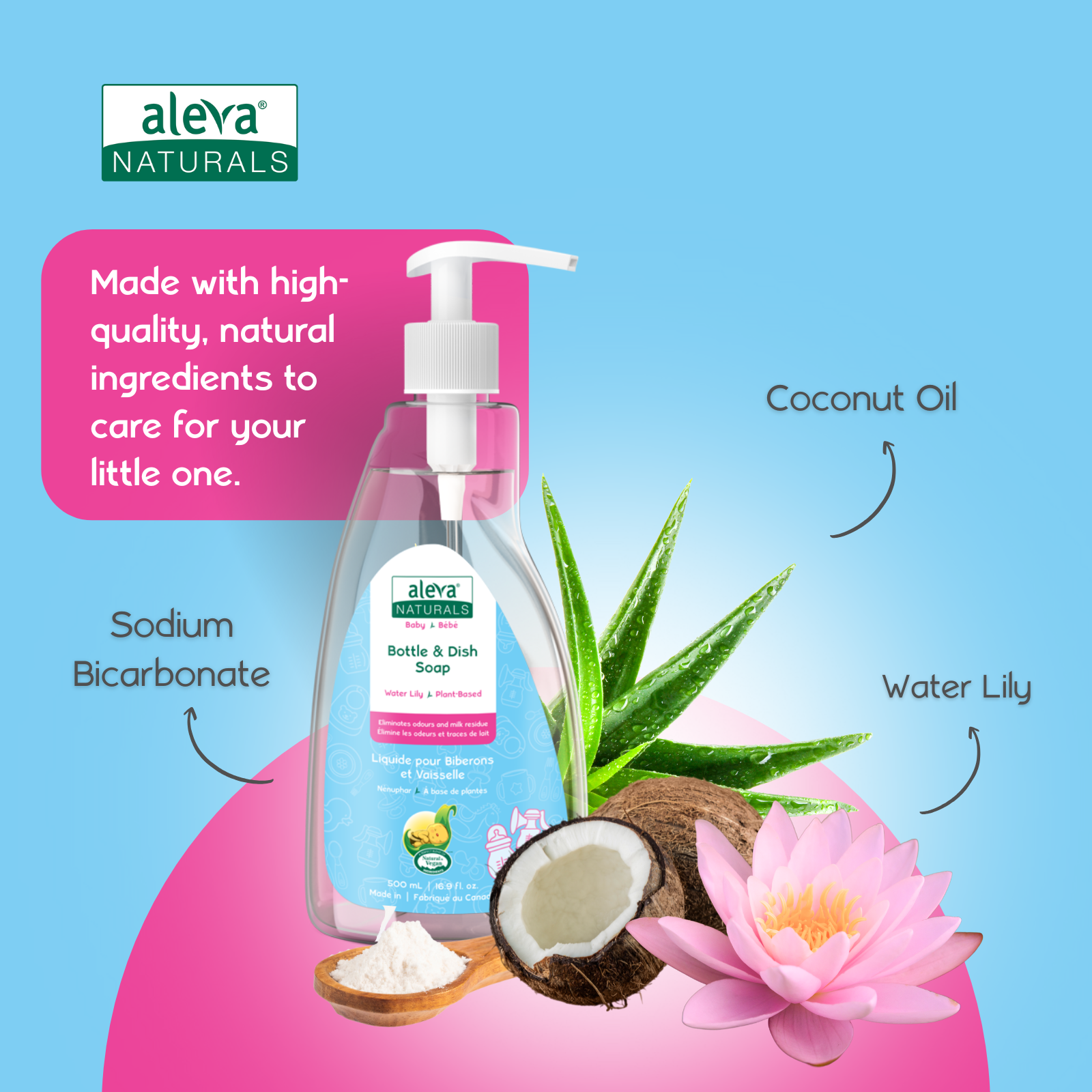 Aleva Naturals bottle and dish soap with natural ingredients on a pink and blue background