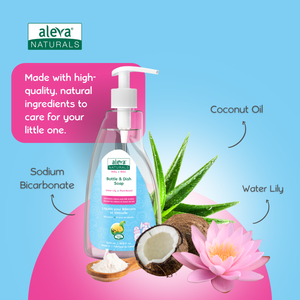 Aleva Naturals bottle and dish soap with natural ingredients on a pink and blue background