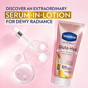 Vaseline Gluta-Hya serum-in-lotion on a pink background with text about dewy radiance.