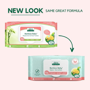 Comparison of aleva Naturals Bamboo Baby wipes with new and old packaging on a light pink background.