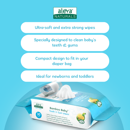 Aleva Naturals bamboo baby wipes packaging with product features on a blue background
