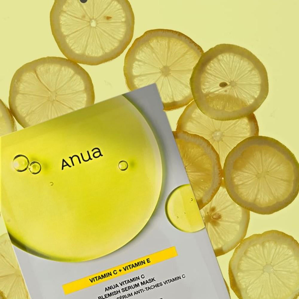 Anua skincare product with lemon slices on a yellow background