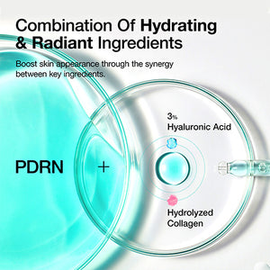 Skincare product with PDRN, hyaluronic acid, and hydrolyzed collagen on a white background