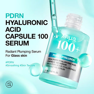 Anua 100+ Hyaluronic Acid Serum bottle with dropper on a light blue background