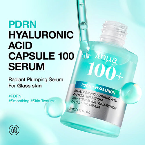 Anua 100+ Hyaluronic Acid Serum bottle with dropper on a light blue background