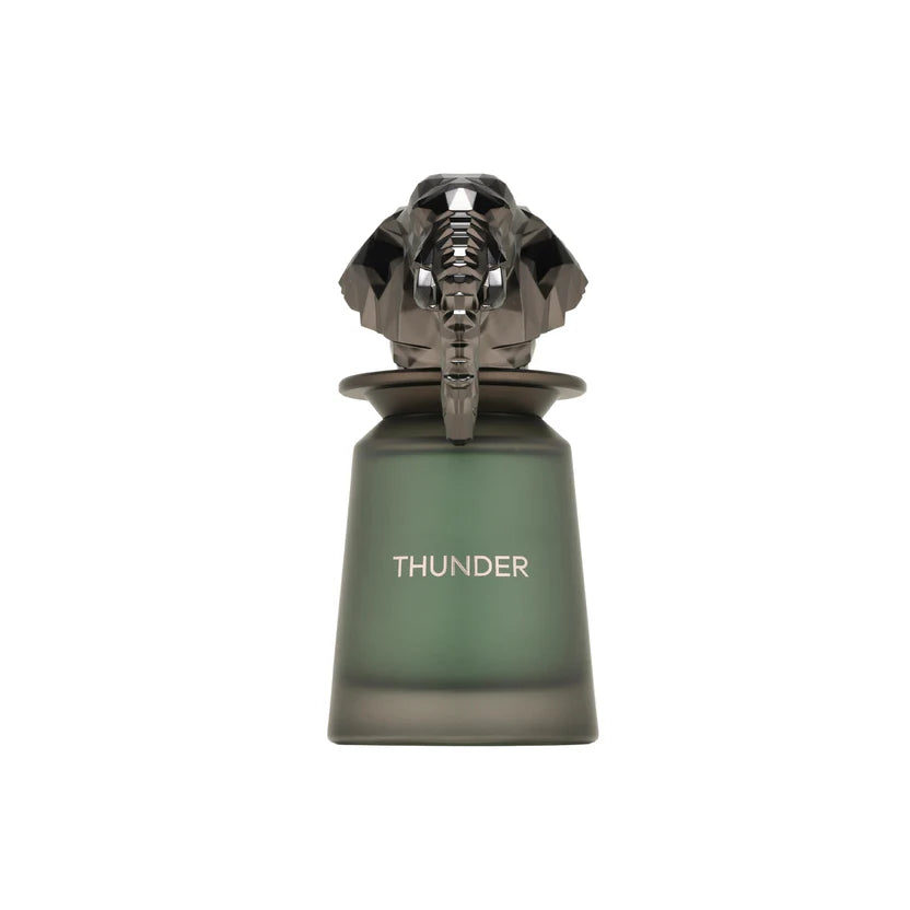 A bottle of Thunder cologne featuring a metallic dark gray elephant head cap on a frosted green glass base, with the word 'THUNDER' printed in white on the front, set against a plain white background.