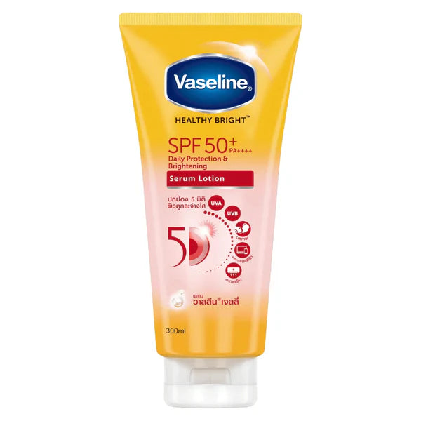 Vaseline Healthy Bright SPF 50+ serum lotion tube on a white background