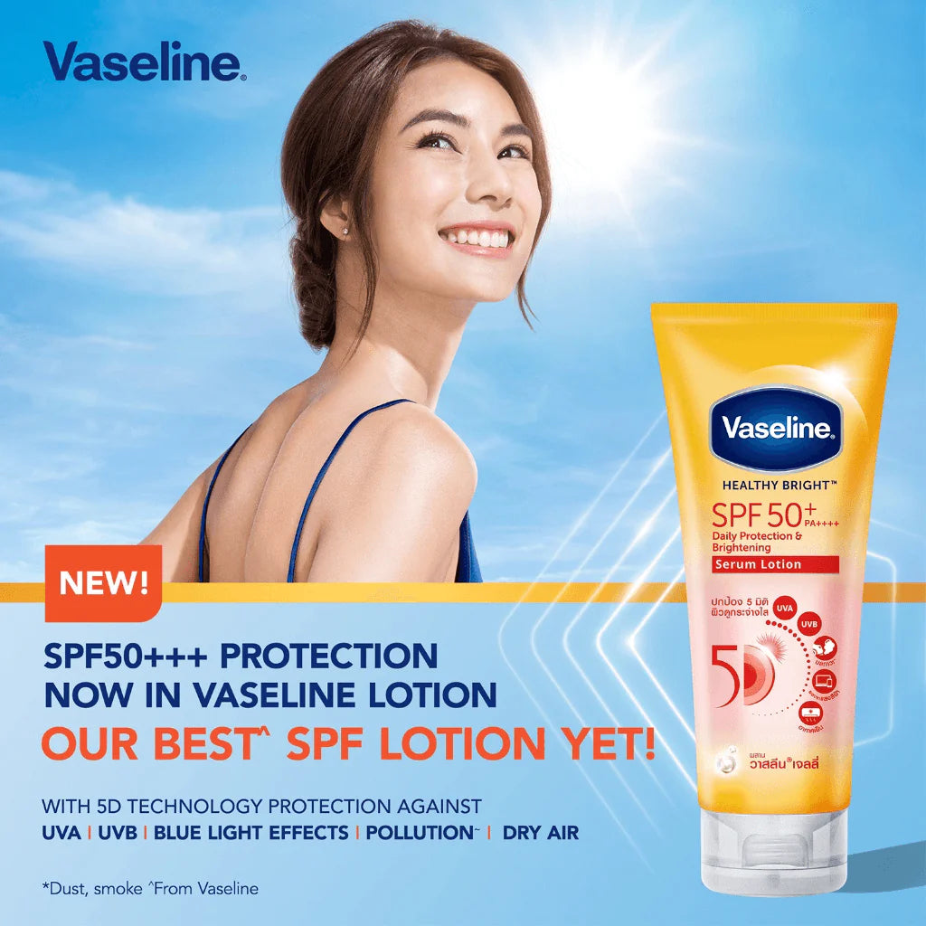 Vaseline sunscreen lotion with a woman against a blue sky background